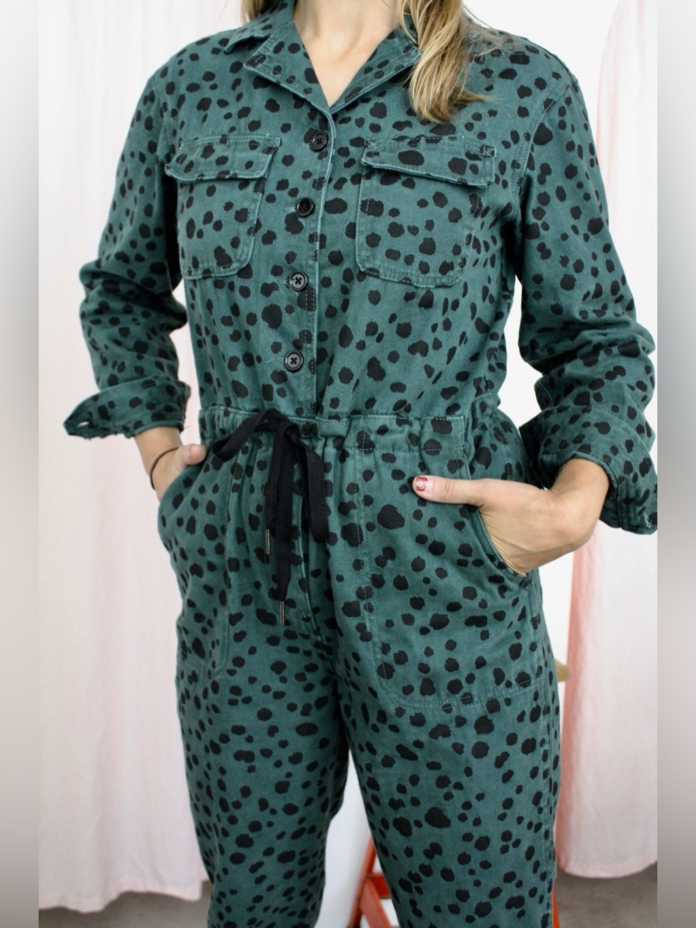 Rachel Antonoff Teal Green Leopard Spot-Print Denim Button-Front Jumpsuit NWT